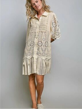 POL Cream Eyelet Button-Front Mini Dress